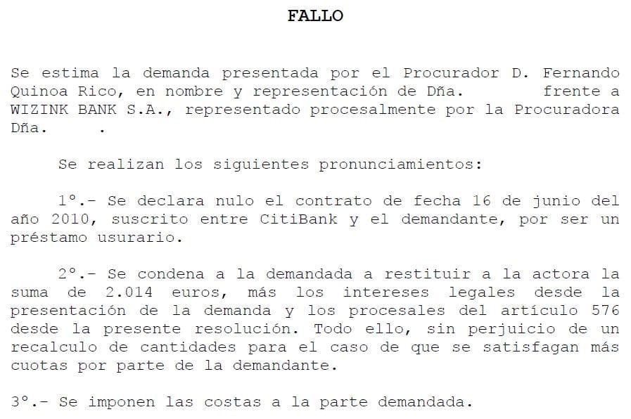 NUEVA SENTENCIA DECLARANDO NULIDAD TARJETA WIZINK POR INTERESES USURARIOS